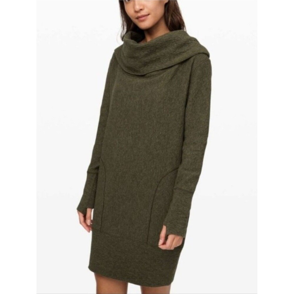 Lululemon Along The Way Olive Green Cowl Neck Long Sleeve Dress XS W1BW9S